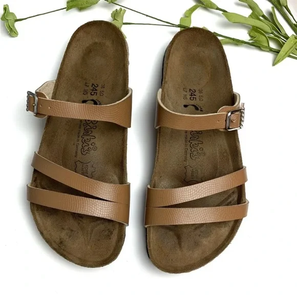 BIRKENSTOCK BIRKI'S Size 38 (7) Sandals Tan Brown Leather Rhinestone Buckle - Picture 1 of 12